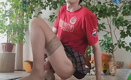 Crossdresser Fucks Tan Stockings Wearing Hottie